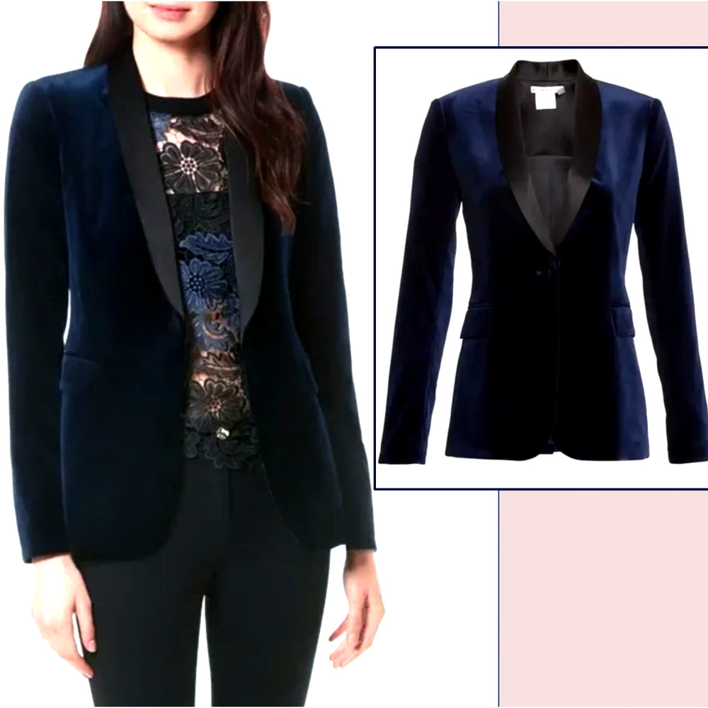 Alice + Olivia Womens 8 Blue Velvet Tuxedo Blazer Jacket One-Button Satin Black